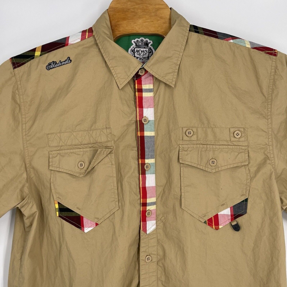 Akademiks Mens Khaki Plaid Accent Courage and Grace Graphic Button Down Shirt - Picture 2 of 8